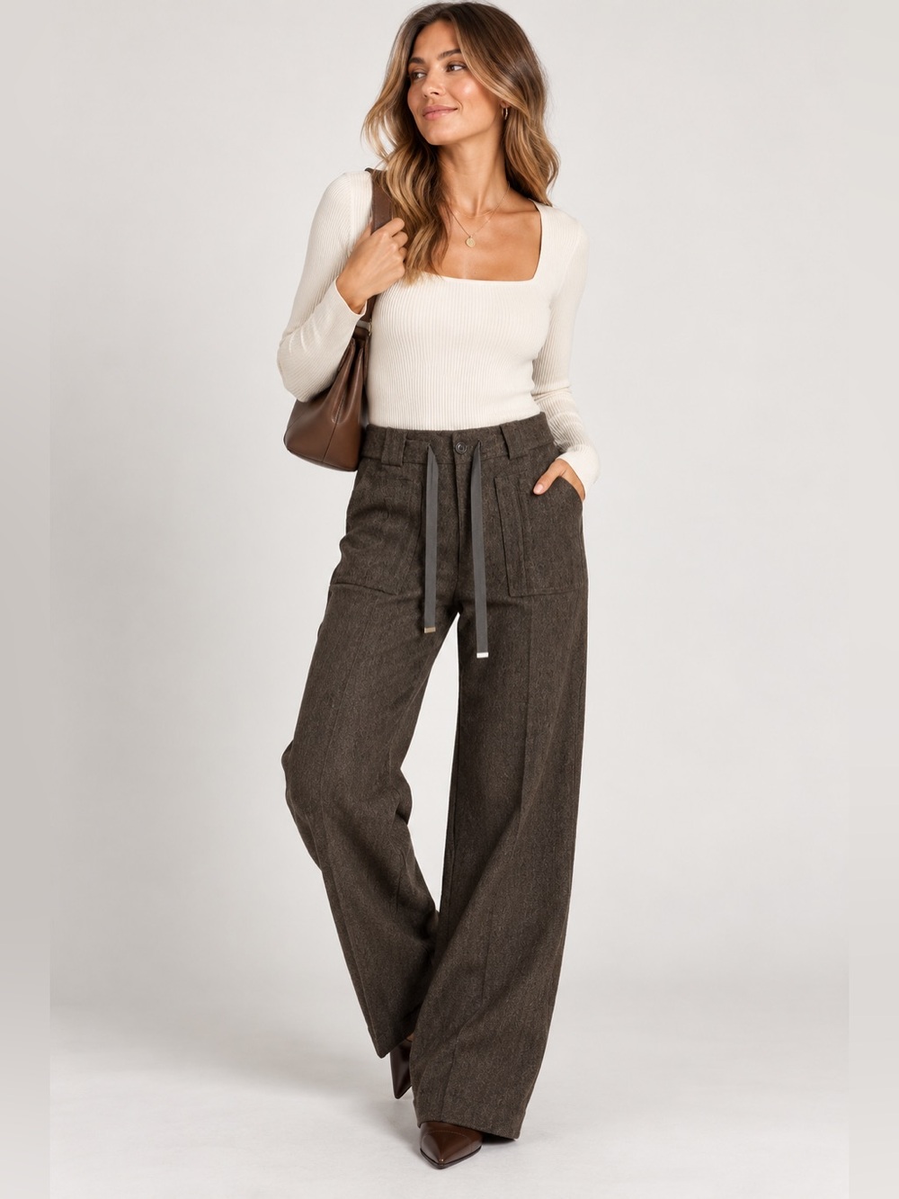 Cartonnier women’s Dark Brown Wool-Blend Drawstring slacks